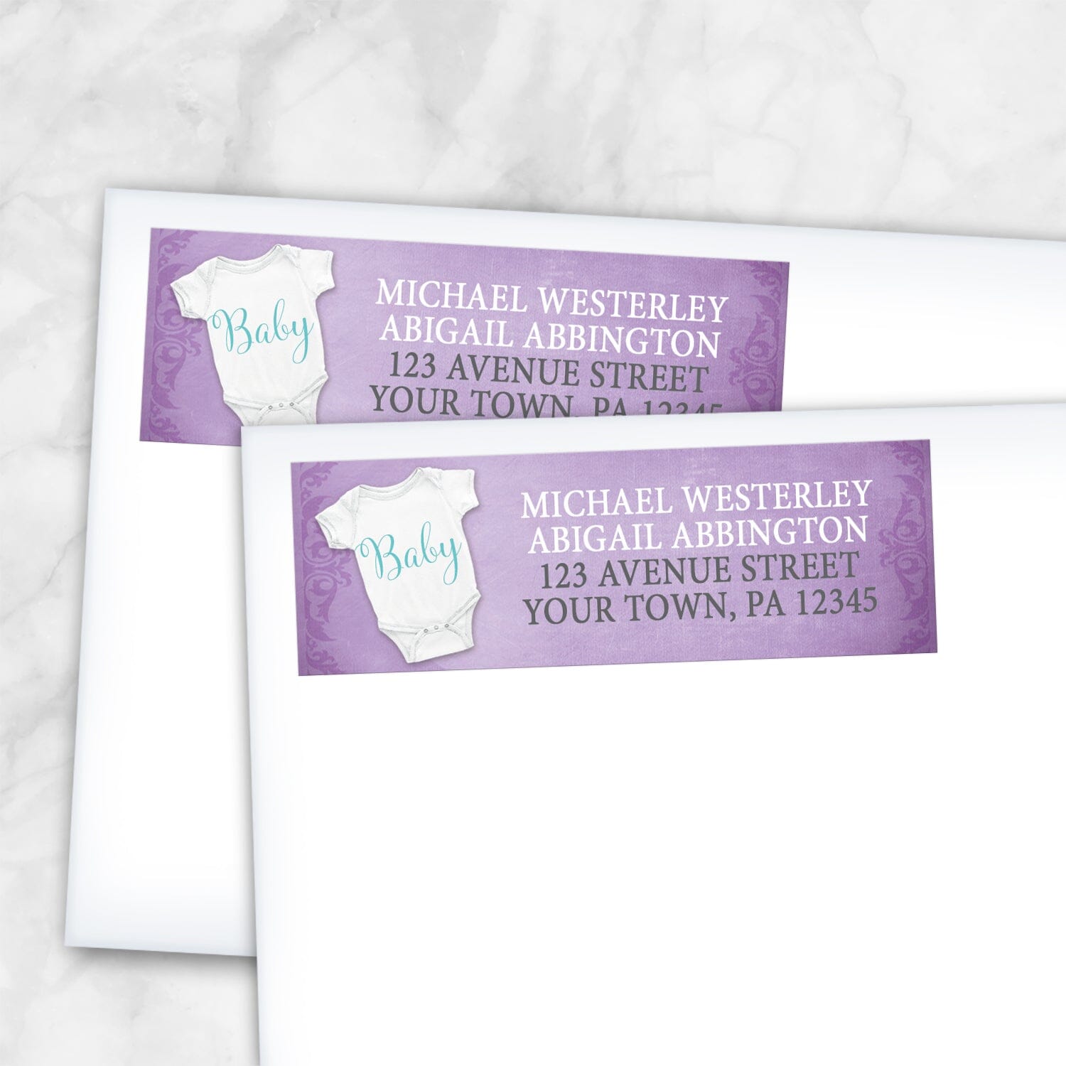 2 Baby Bodysuit on Purple Address Labels shown on white envelopes on a marble surface