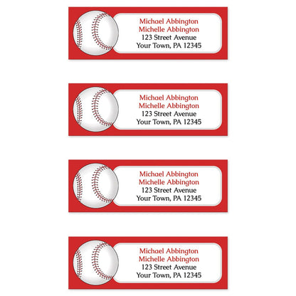Red Baseball Return Address Labels (4 per sheet of labels) at Artistically Invited. Red baseball return address labels personalized with your address. They're illustrated with a white baseball on the left side over a red background. Your personalized return address is custom printed in red and black in a white rectangular area next to the baseball.