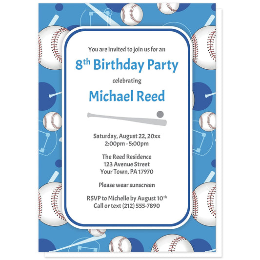 Baseball Themed Blue Pattern Birthday Party Invitations at Artistically Invited. Baseball themed blue pattern birthday party invitations for any age or milestone that are uniquely illustrated with a baseball pattern with baseballs, baseball bats, and baseball diamonds, over a blue background color. Your personalized birthday party details are custom printed in blue and gray over white in the center. 