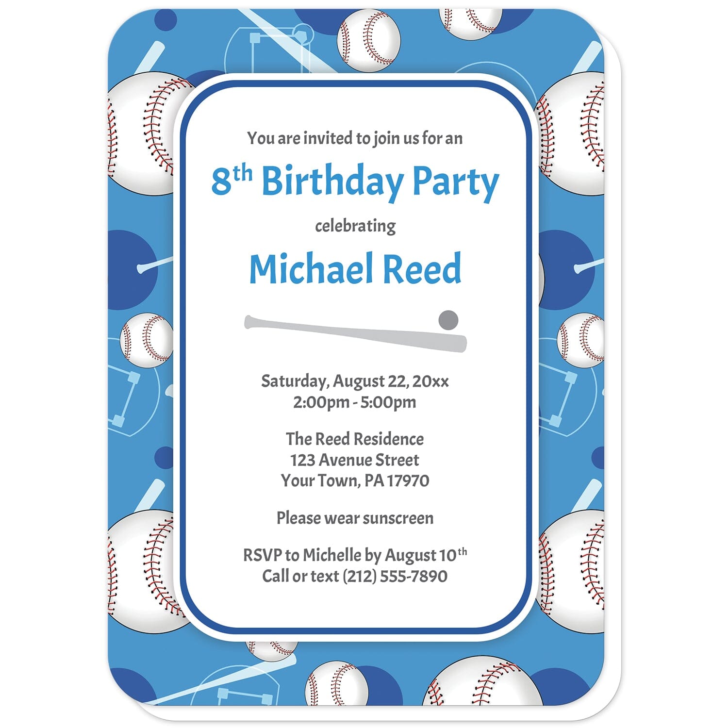Baseball Themed Blue Pattern Birthday Party Invitations (with rounded corners) at Artistically Invited. Baseball themed blue pattern birthday party invitations for any age or milestone that are uniquely illustrated with a baseball pattern with baseballs, baseball bats, and baseball diamonds, over a blue background color. Your personalized birthday party details are custom printed in blue and gray over white in the center. 