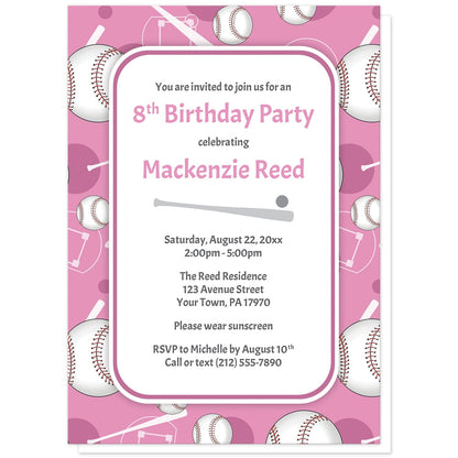 Baseball Themed Pink Pattern Birthday Party Invitations at Artistically Invited. Baseball themed pink pattern birthday party invitations for any age or milestone that are uniquely illustrated with a baseball pattern with baseballs, baseball bats, and baseball diamonds, over a pink background color. Your personalized birthday party details are custom printed in pink and gray over white in the center. 
