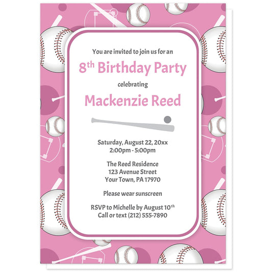 Baseball Themed Pink Pattern Birthday Party Invitations at Artistically Invited. Baseball themed pink pattern birthday party invitations for any age or milestone that are uniquely illustrated with a baseball pattern with baseballs, baseball bats, and baseball diamonds, over a pink background color. Your personalized birthday party details are custom printed in pink and gray over white in the center. 
