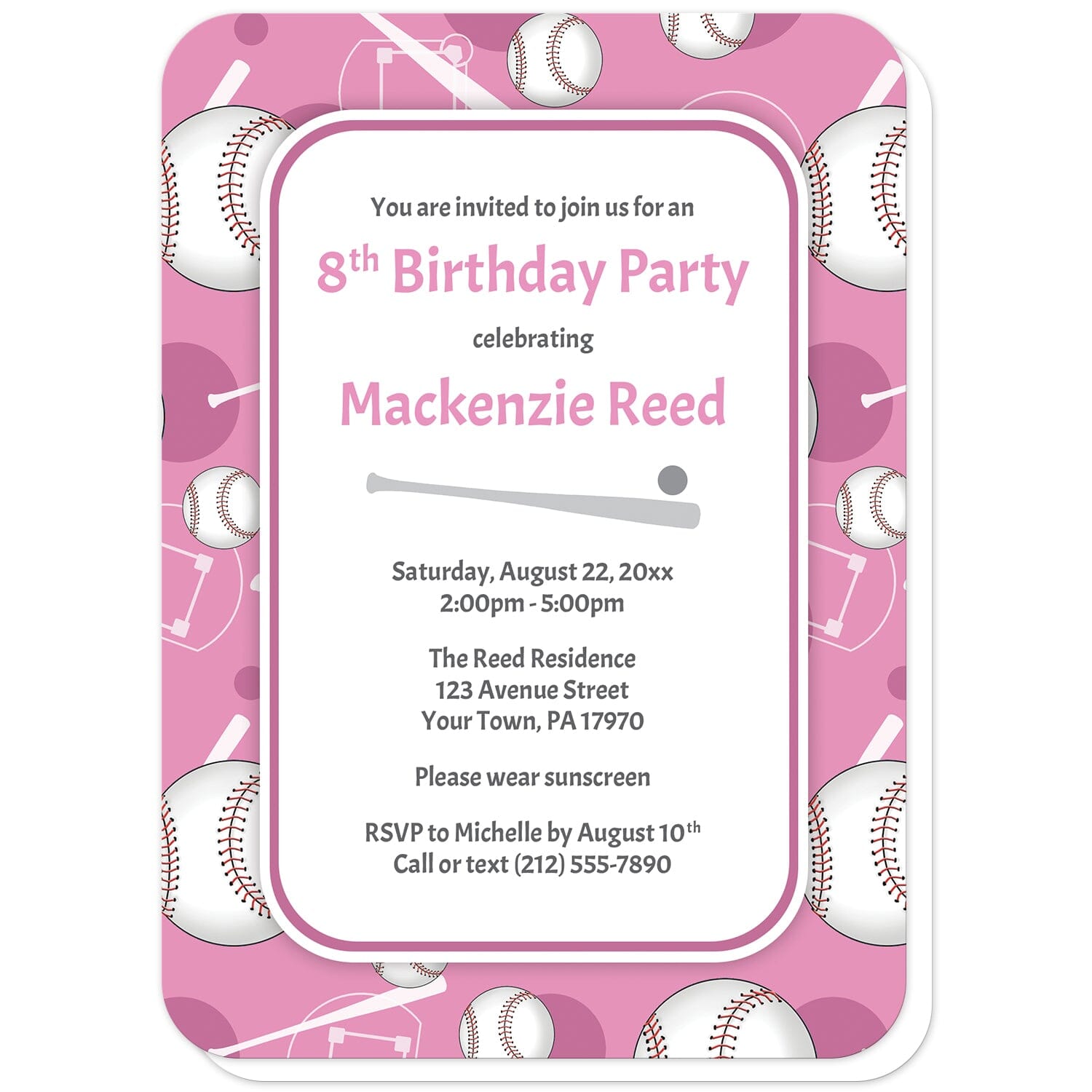 Baseball Themed Pink Pattern Birthday Party Invitations (with rounded corners) at Artistically Invited. Baseball themed pink pattern birthday party invitations for any age or milestone that are uniquely illustrated with a baseball pattern with baseballs, baseball bats, and baseball diamonds, over a pink background color. Your personalized birthday party details are custom printed in pink and gray over white in the center. 