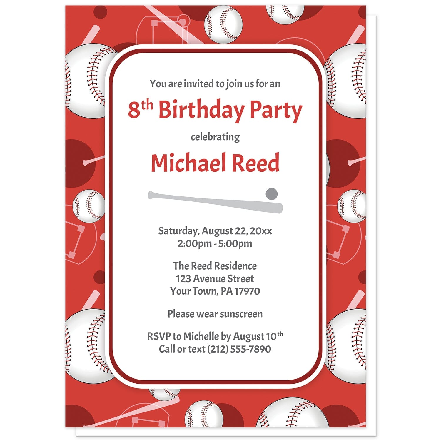 Baseball Themed Red Pattern Birthday Party Invitations at Artistically Invited. Baseball themed red pattern birthday party invitations for any age or milestone that are uniquely illustrated with a baseball pattern with baseballs, baseball bats, and baseball diamonds, over a red background color. Your personalized birthday party details are custom printed in red and gray over white in the center. 