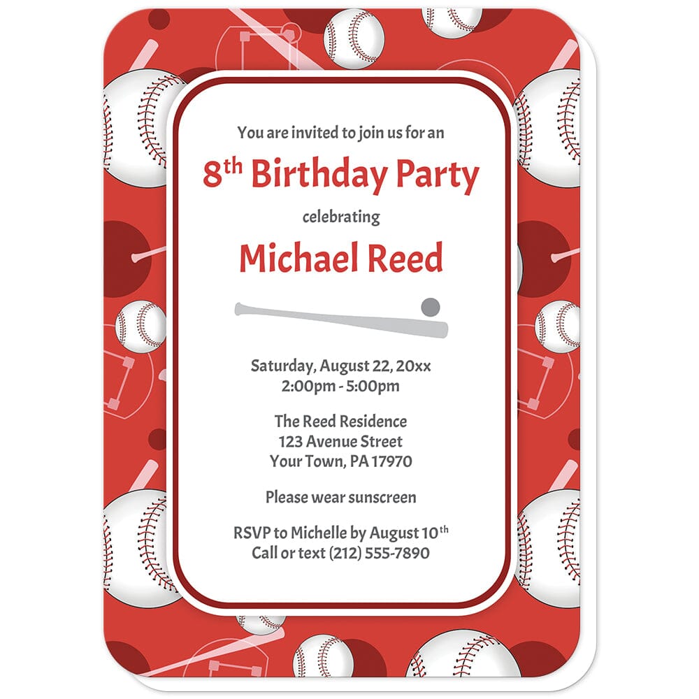 Baseball Themed Red Pattern Birthday Party Invitations (with rounded corners) at Artistically Invited. Baseball themed red pattern birthday party invitations for any age or milestone that are uniquely illustrated with a baseball pattern with baseballs, baseball bats, and baseball diamonds, over a red background color. Your personalized birthday party details are custom printed in red and gray over white in the center. 