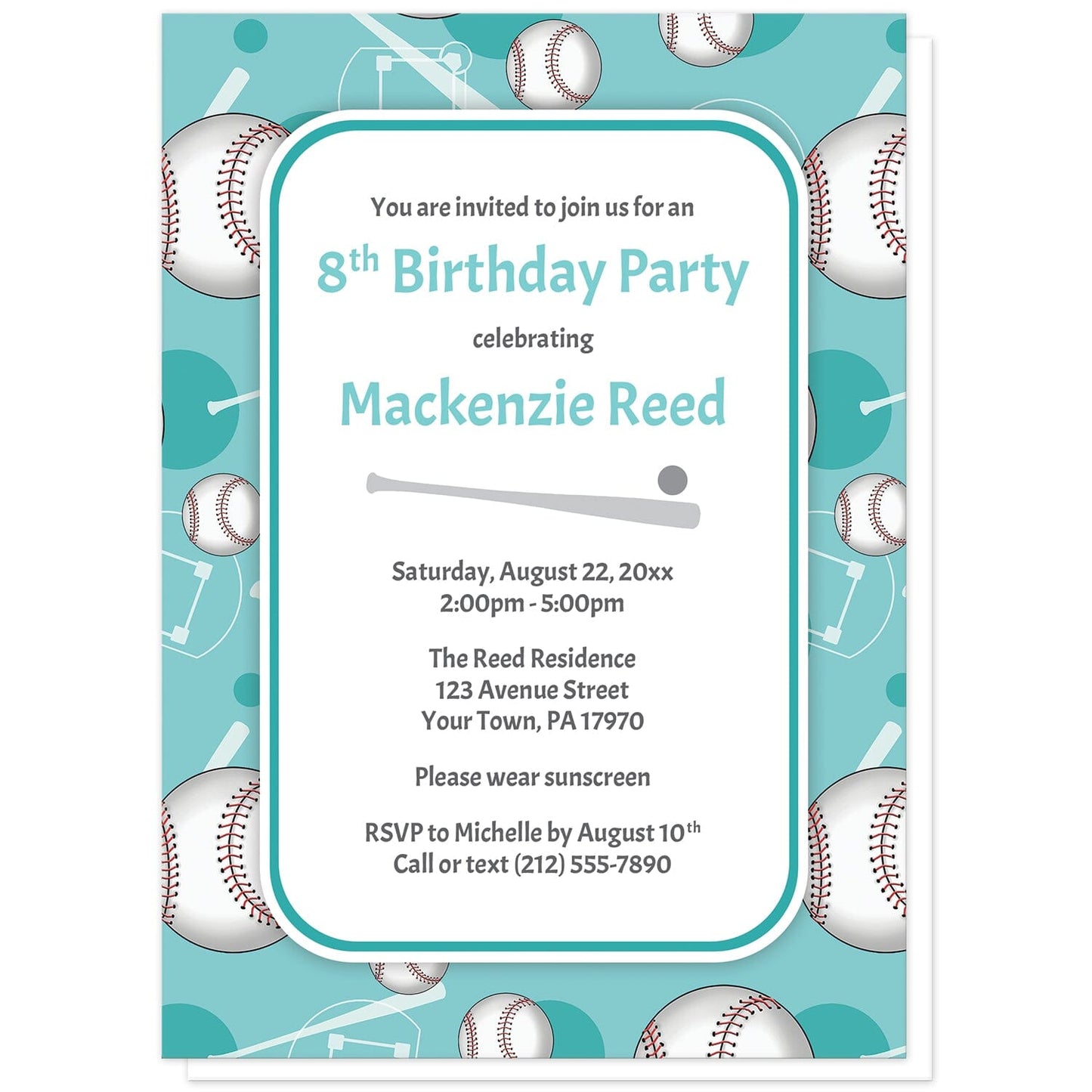 Baseball Themed Teal Pattern Birthday Party Invitations at Artistically Invited. Baseball themed teal pattern birthday party invitations for any age or milestone that are uniquely illustrated with a baseball pattern with baseballs, baseball bats, and baseball diamonds, over a teal background color. Your personalized birthday party details are custom printed in teal and gray over white in the center. 