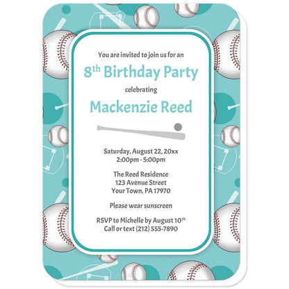 Baseball Themed Teal Pattern Birthday Party Invitations (with rounded corners) at Artistically Invited. Baseball themed teal pattern birthday party invitations for any age or milestone that are uniquely illustrated with a baseball pattern with baseballs, baseball bats, and baseball diamonds, over a teal background color. Your personalized birthday party details are custom printed in teal and gray over white in the center. 