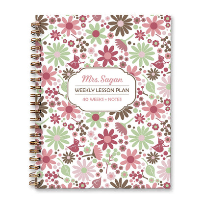Personalized Berry Green Flowers Weekly Lesson Plan Book at Artistically Invited. Hardcover planner book for teachers or homeschooling.