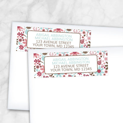 2 Berry Blue Summer Flowers Address Labels shown on white envelopes on a marble surface