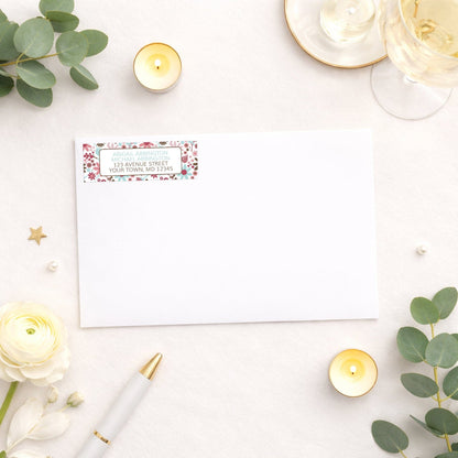 Berry Blue Summer Flowers Address Label shown on a white envelope with wedding or shower supplies