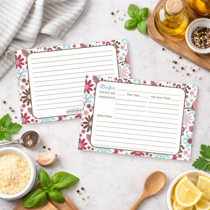 Berry Blue Summer Flowers Recipe Cards on a kitchen counter with ingredients and utensils.