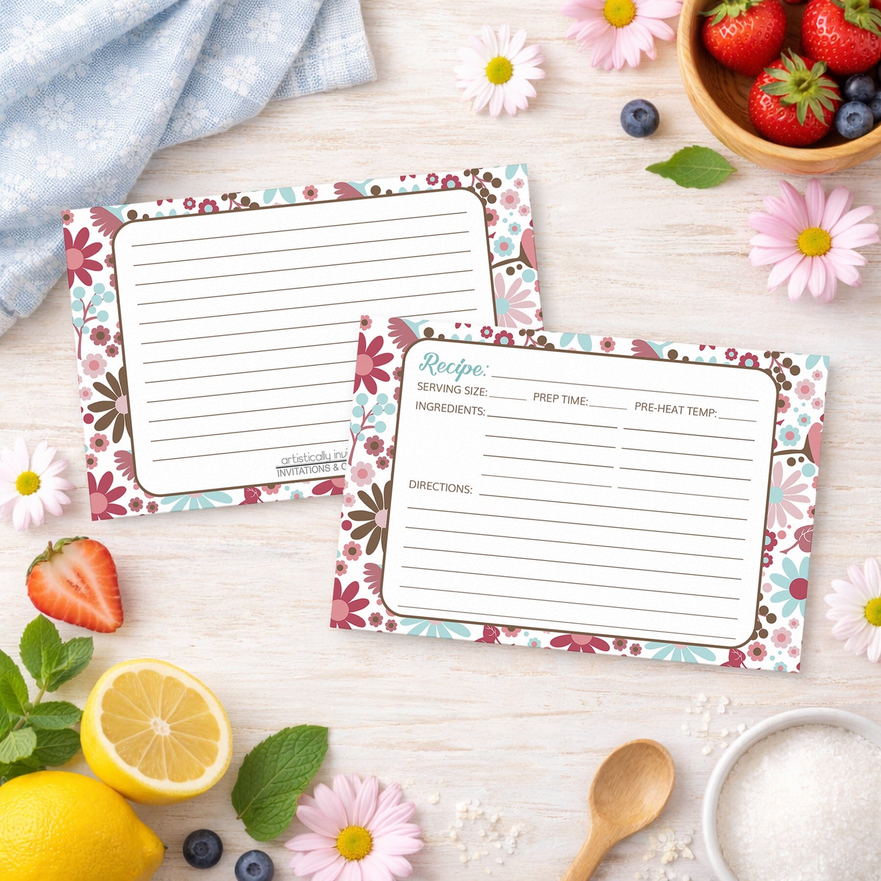 Berry Blue Summer Flowers Recipe Cards with floral border on a wooden surface with fruits and flowers.