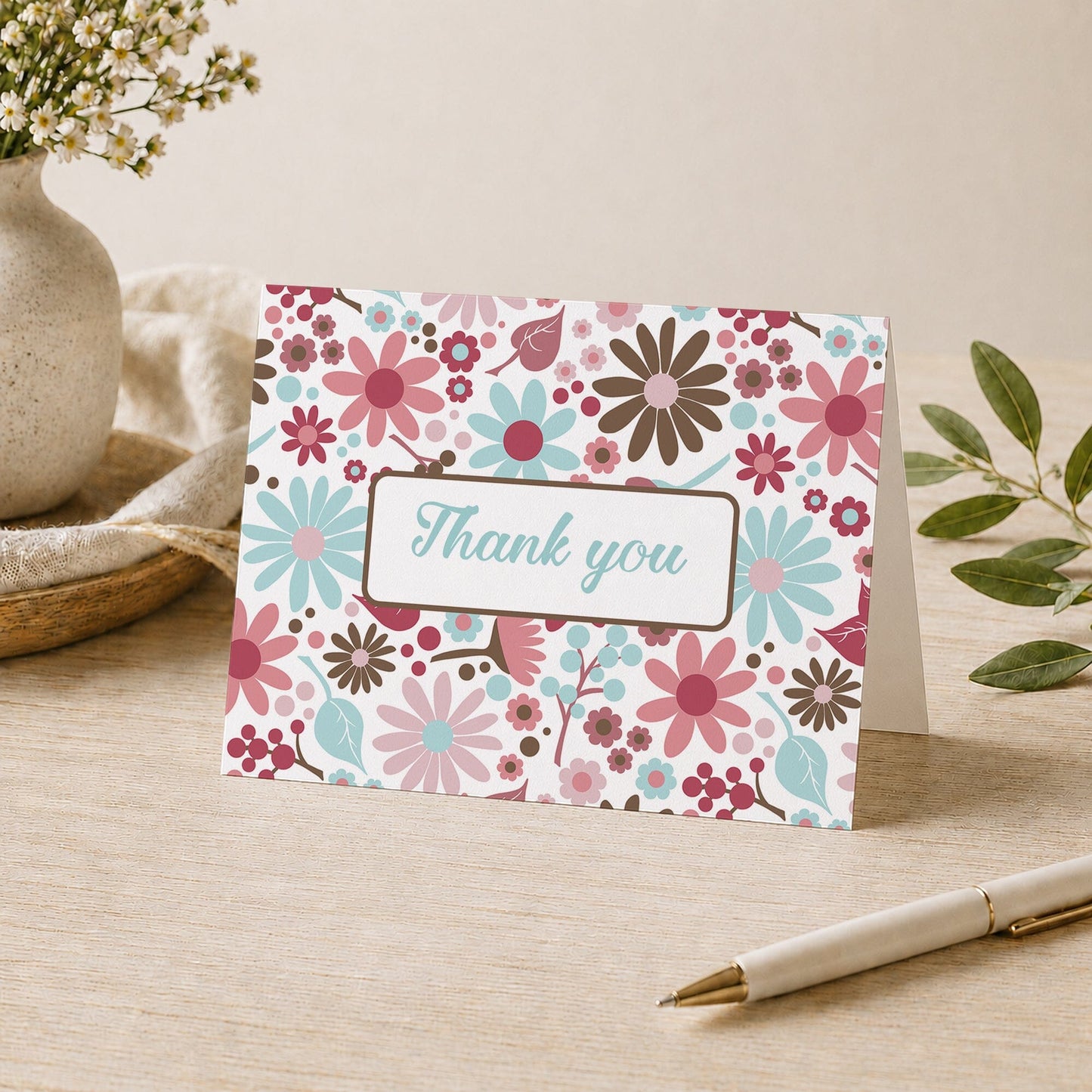 Berry Blue Summer Flowers Thank You Card shown on a table with greenery, a vase, and a pen.