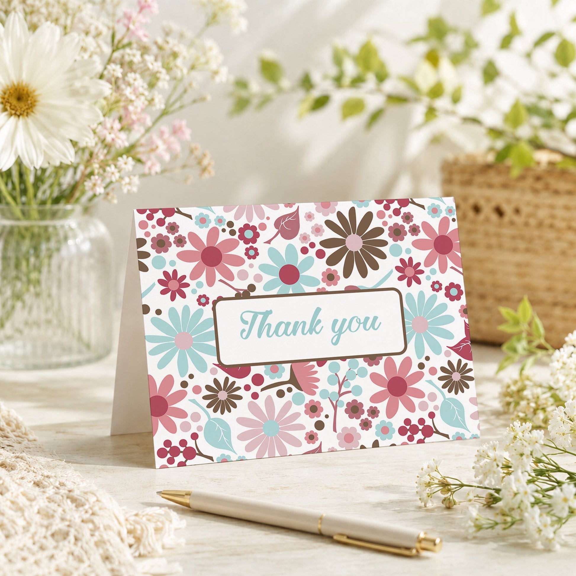 Berry Blue Summer Flowers Thank You Card shown with spring and summer flowers and a pen on a tabletop.