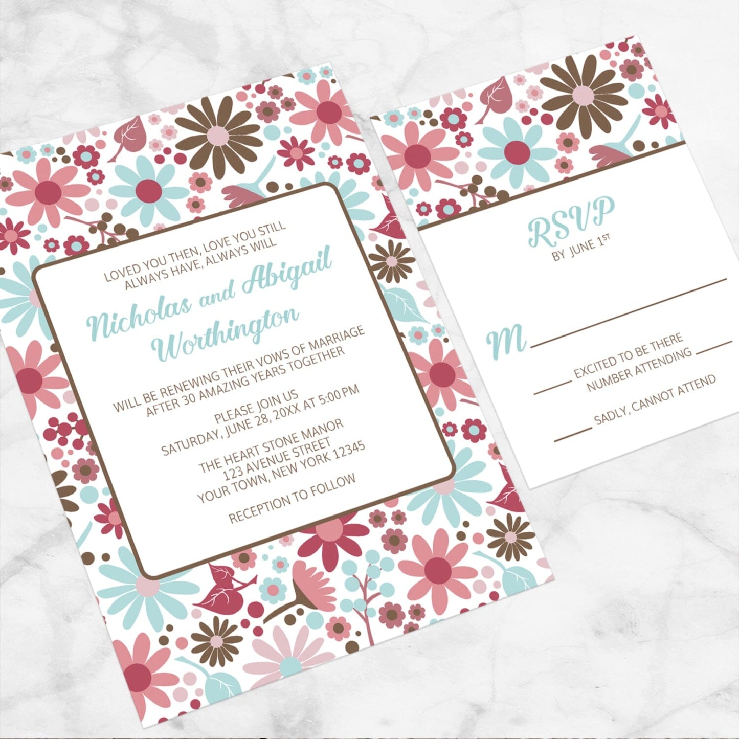 Berry Blue Summer Flowers Vow Renewal Invitation shown on a marble surface with the matching RSVP card.