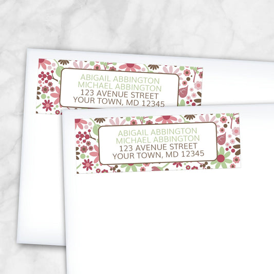 2 Berry Green Summer Flowers Address Labels shown on white envelopes on a marble surface