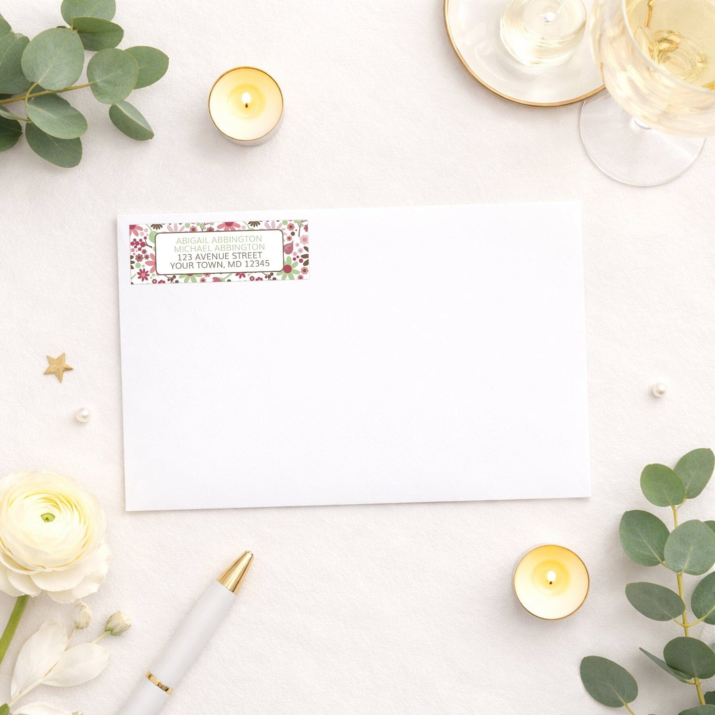 Berry Green Summer Flowers Address Label shown on a white envelope with wedding and shower supplies