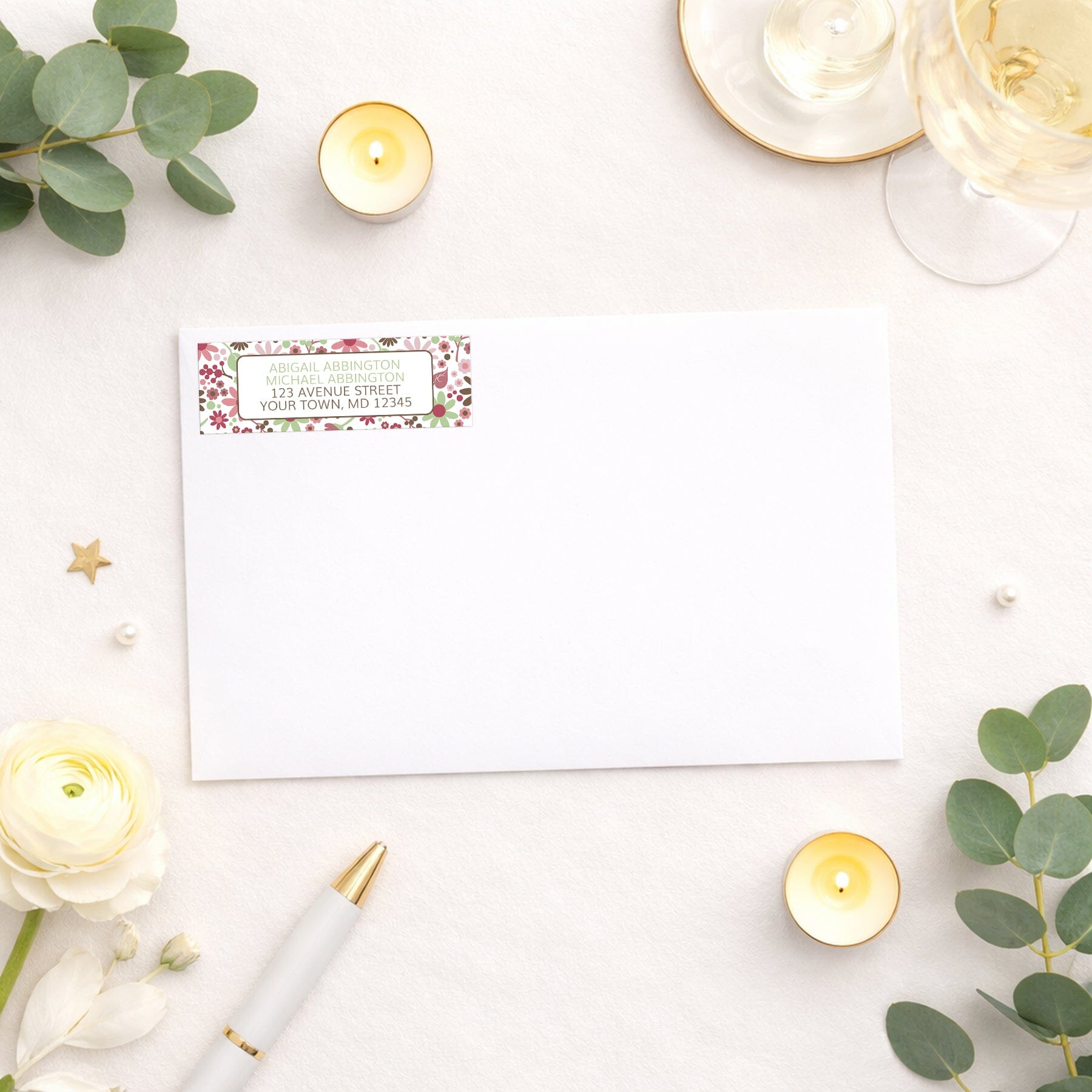 Berry Green Summer Flowers Address Label shown on a white envelope with wedding and shower supplies