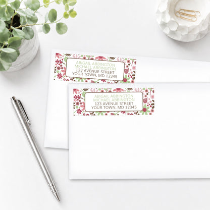 Berry Green Summer Flowers Address Labels on white envelopes with a pen and plant on a white surface