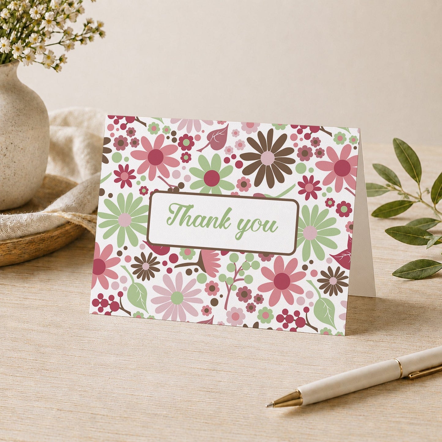 Berry Green Summer Flowers Thank You Card shown on a tabletop with a vase, plants, and a pen.