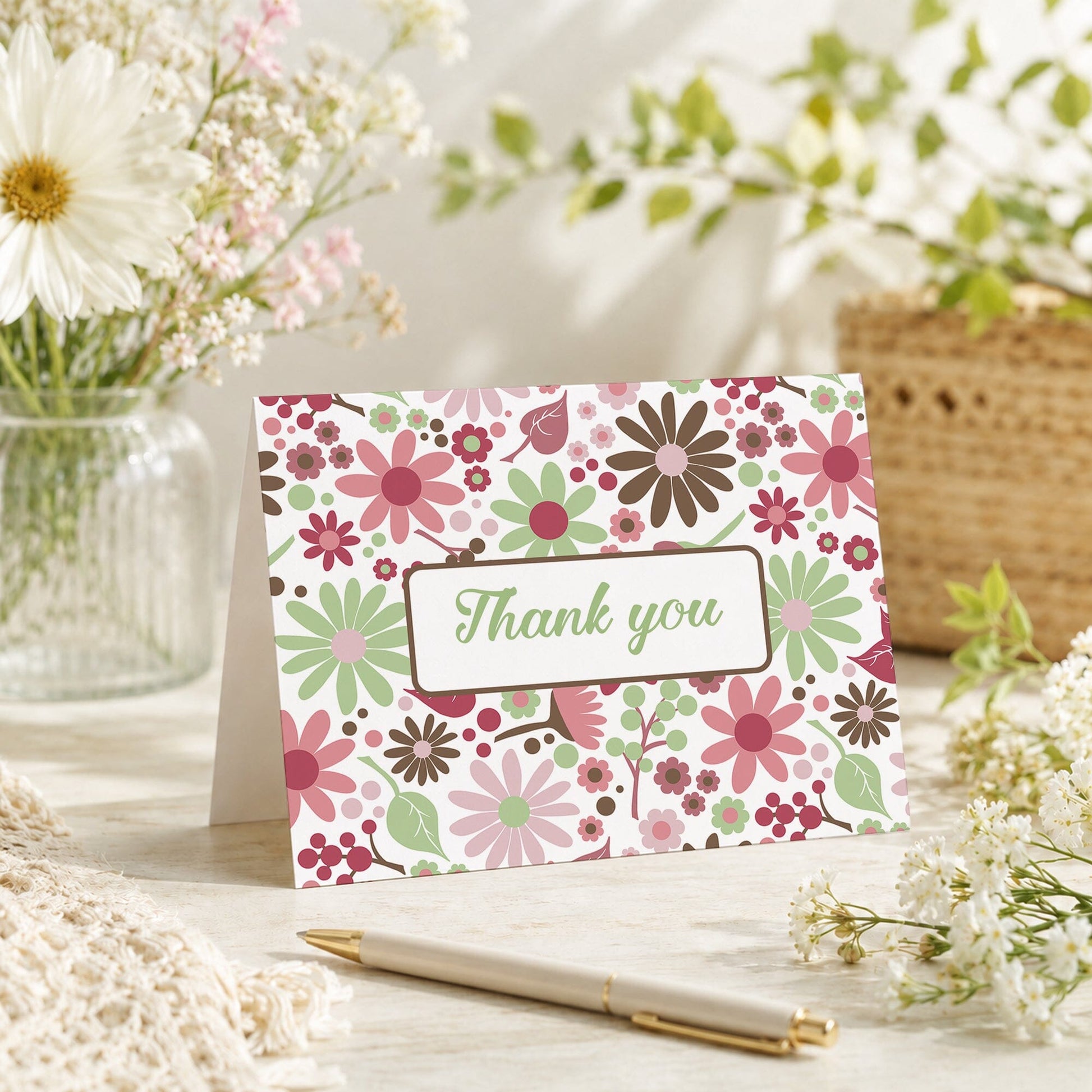 Berry Green Summer Flowers Thank You Card shown on a tabletop with a vase, spring and summer flowers, and a pen.