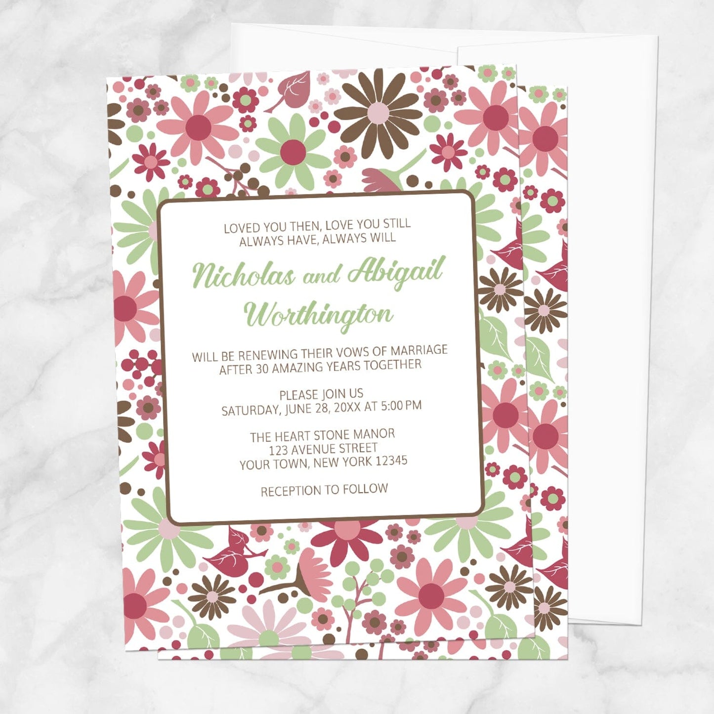 Berry Green Summer Flowers Vow Renewal Invitation shown on a marble surface with a white envelope.