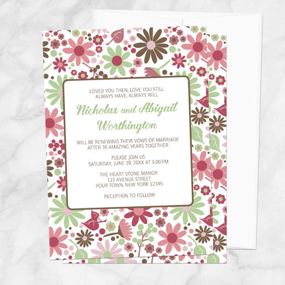 Berry Green Summer Flowers Vow Renewal Invitation shown on a marble surface with a white envelope.