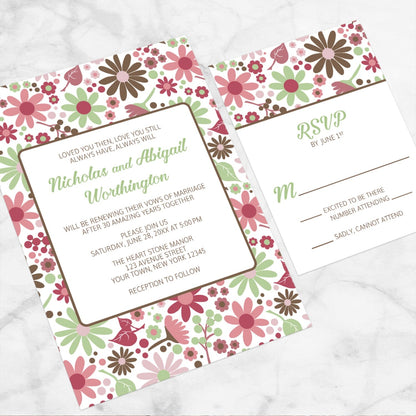 Berry Green Summer Flowers Vow Renewal Invitation shown at an angle on a marble surface with the matching RSVP card.