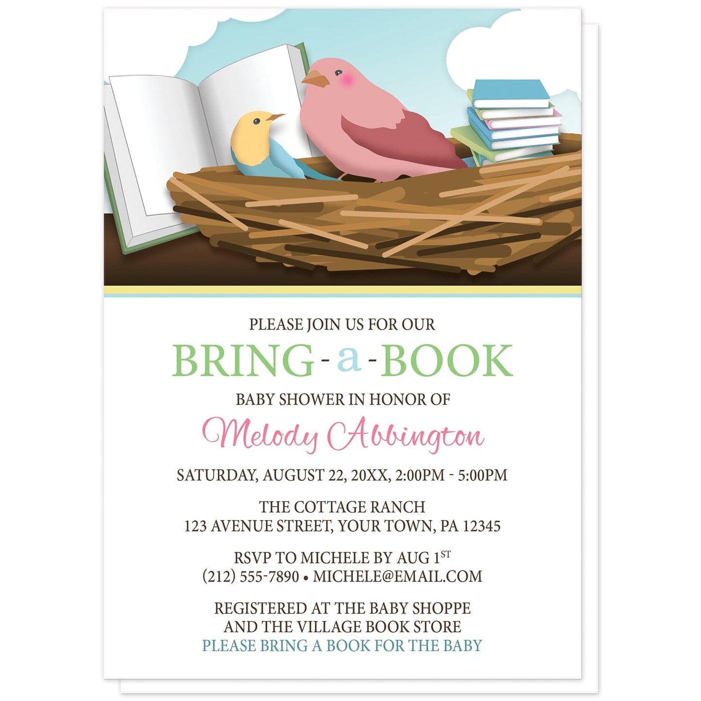 Bird Nest Bring a Book Baby Shower Invitations at Artistically Invited. Cute bird nest bring a book baby shower invitations with an illustration of a mommy bird and baby bird in a nest, reading a large open book together. A tall stack of books sits in the nest beside them. Your personalized baby shower celebration details are custom printed in green, blue, pink, and brown over white. 