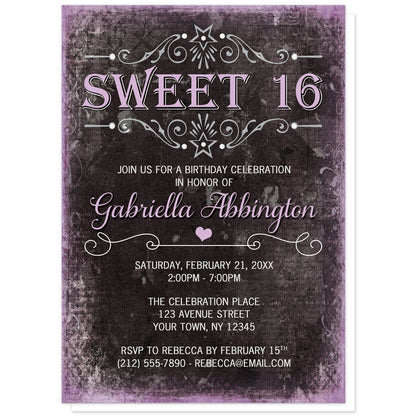 Black Grunge Purple Sweet 16 Invitations at Artistically Invited. Alternative-style black grunge purple sweet 16 invitations with a stylized black background and distressed purple-colored edges. Your personalized sweet sixteen birthday party details are custom printed in white and light purple fonts using modern and girly typography with flourish line borders between some of the wording. 