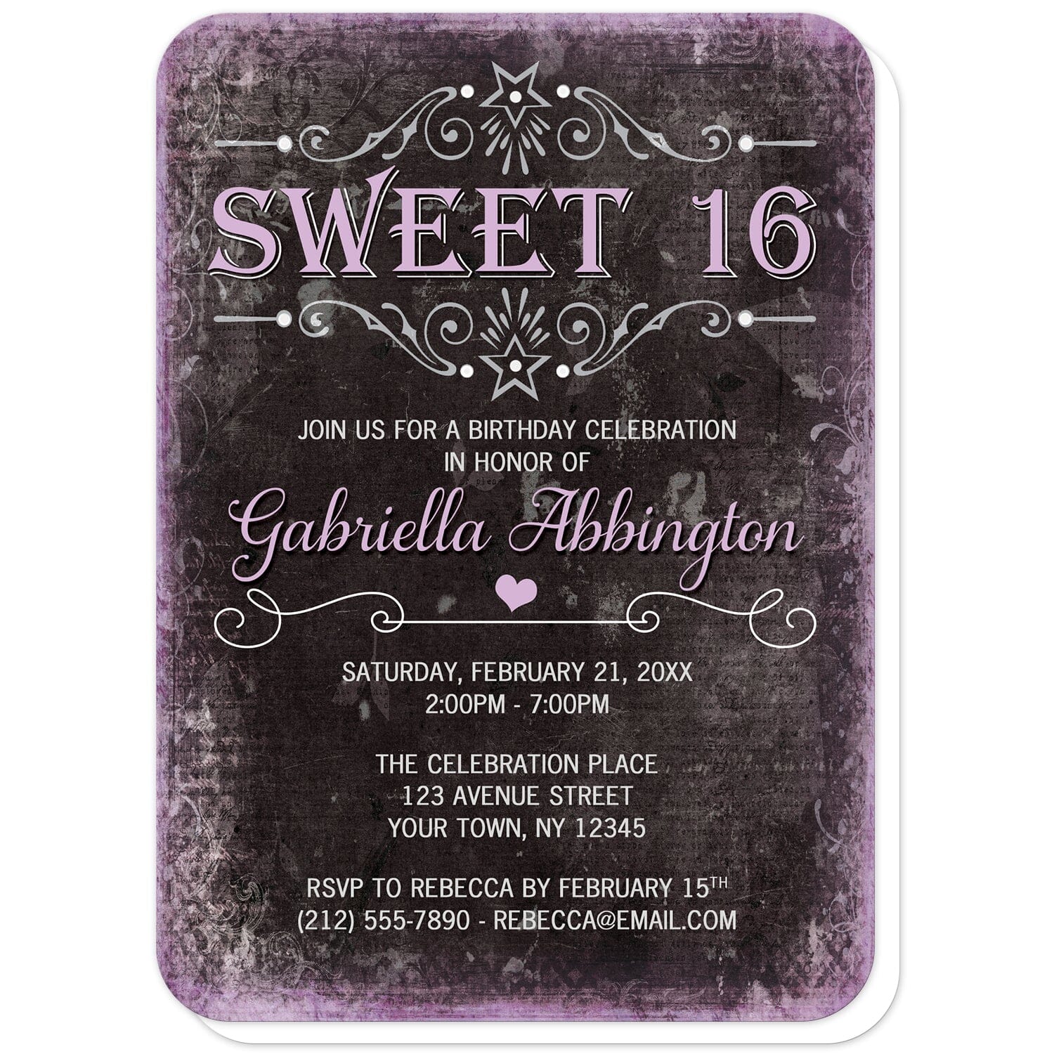 Black Grunge Purple Sweet 16 Invitations (with rounded corners) at Artistically Invited. Alternative-style black grunge purple sweet 16 invitations with a stylized black background and distressed purple-colored edges. Your personalized sweet sixteen birthday party details are custom printed in white and light purple fonts using modern and girly typography with flourish line borders between some of the wording. 