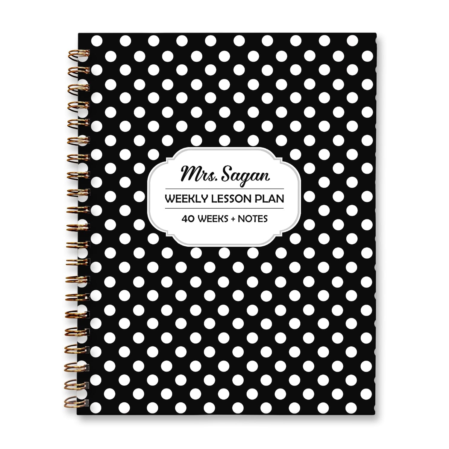 Personalized Black Polka Dot Weekly Lesson Plan Book at Artistically Invited. Hardcover planner book for teachers or homeschooling.