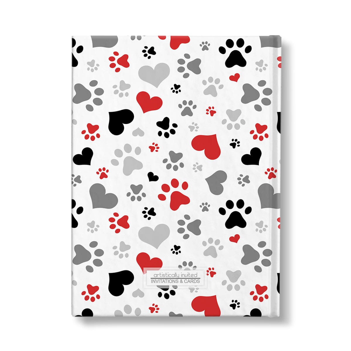 Personalized Black Red Hearts and Paw Prints Journal at Artistically Invited. Back side of journal.