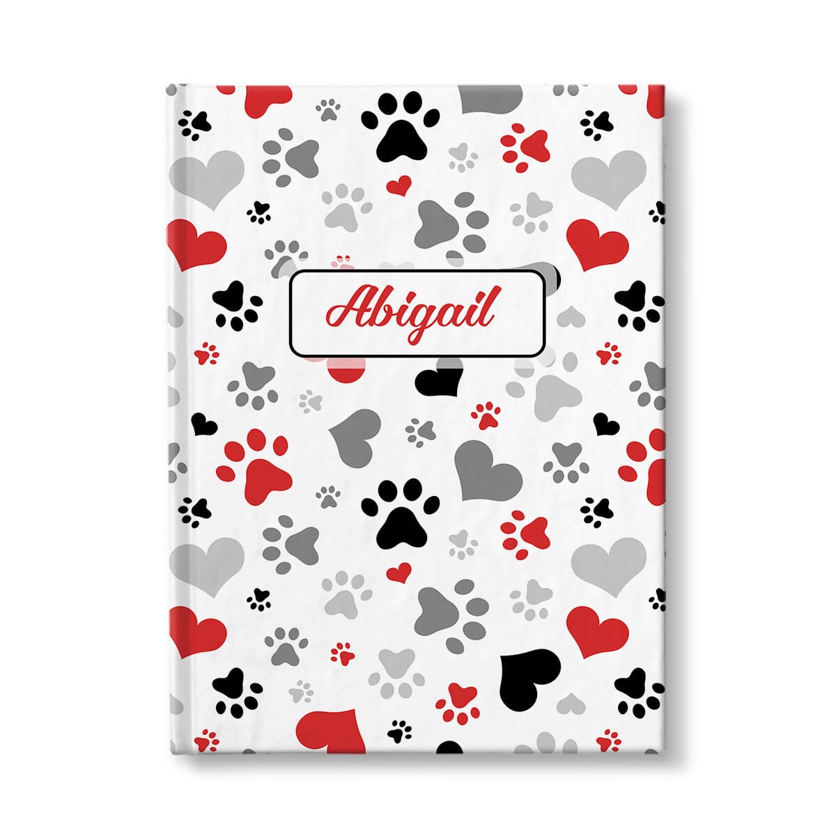 Personalized Black Red Hearts and Paw Prints Journal at Artistically Invited. Front side of journal.