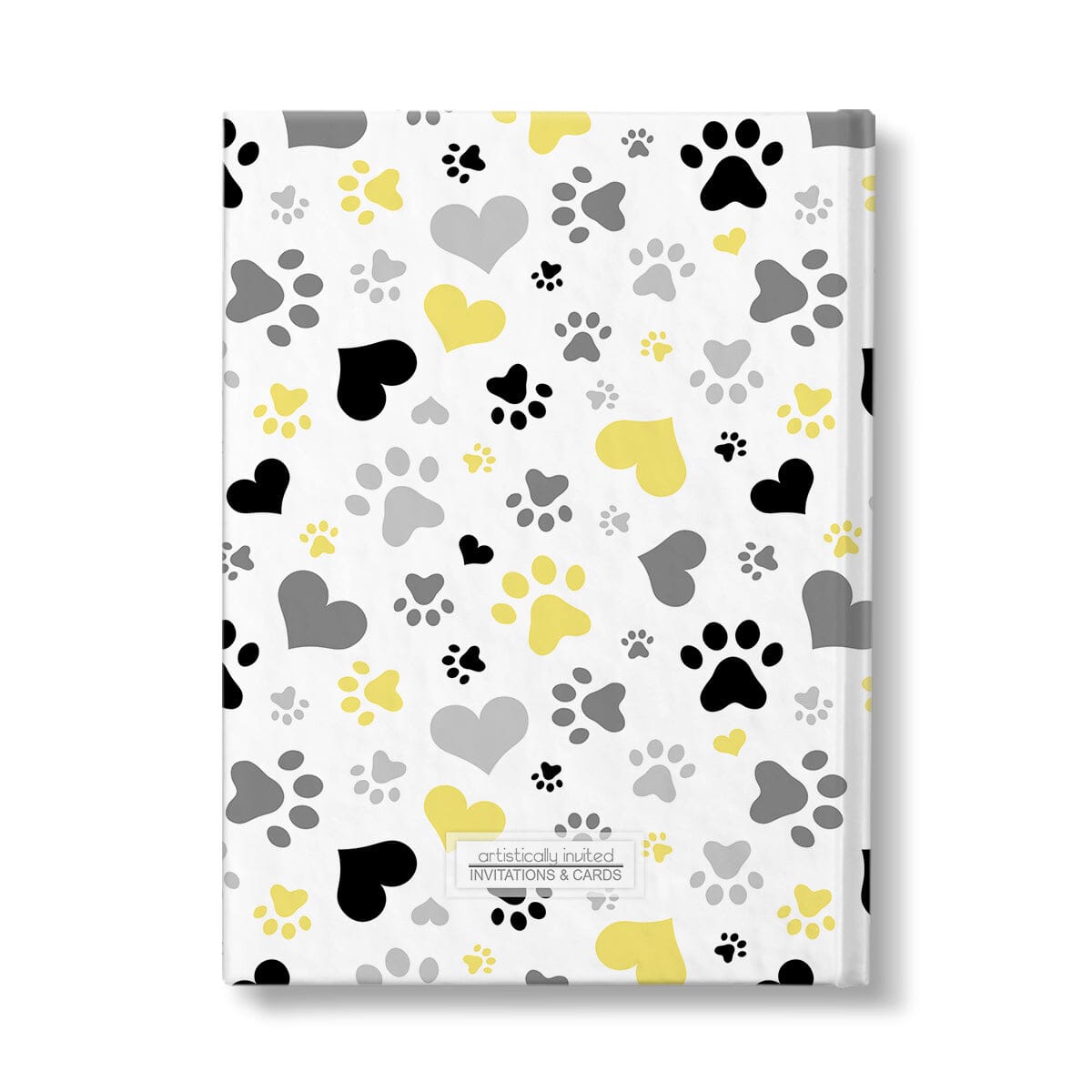 Personalized Black Yellow Hearts and Paw Prints Journal at Artistically Invited. Back side of the book.