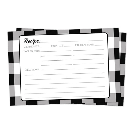 Front side of the Black and White Buffalo Plaid Recipe Cards