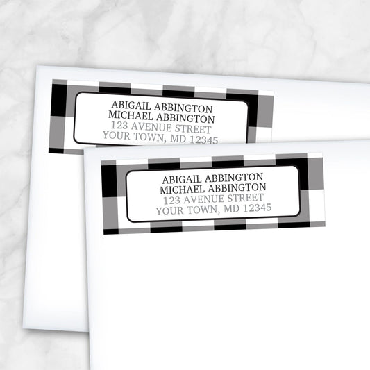 2 Black and White Buffalo Plaid Address Labels shown on white envelopes