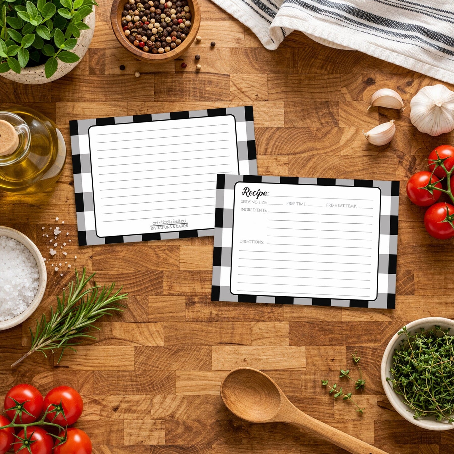 Front and back of the Black and White Buffalo Plaid Recipe Cards shown on butcher block surface in an Italian kitchen