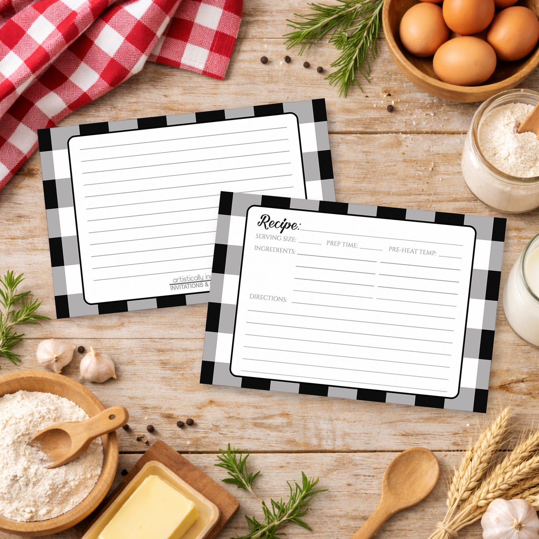 Front and back of the Black and White Buffalo Plaid Recipe Cards shown on a country kitchen countertop