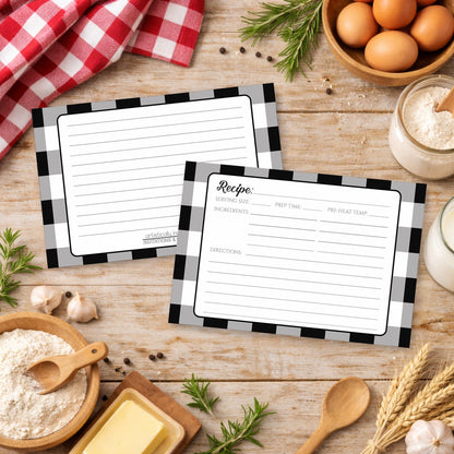 Front and back of the Black and White Buffalo Plaid Recipe Cards shown on a country kitchen countertop
