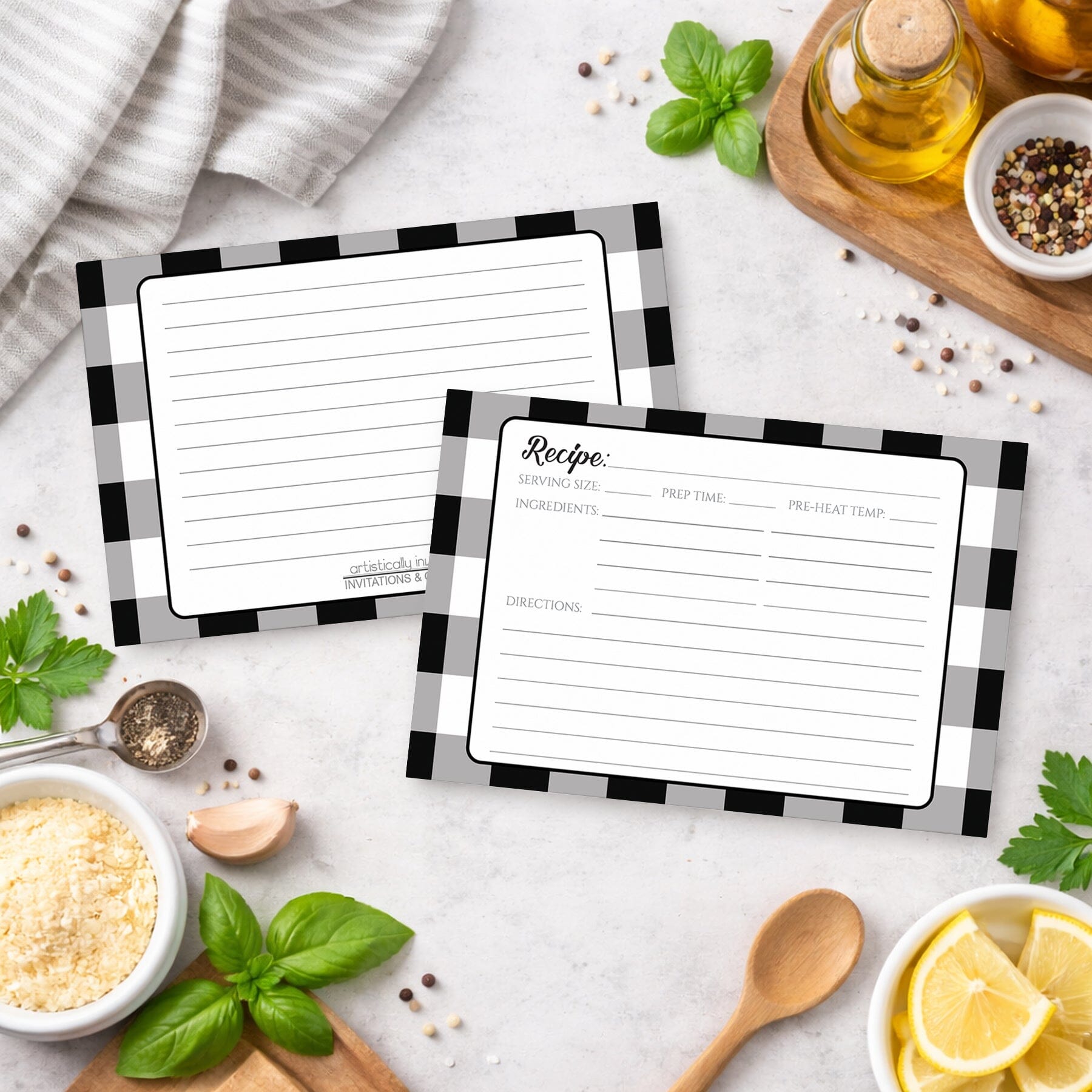 Front and back of the Black and White Buffalo Plaid Recipe Cards shown with everyday kitchen supplies
