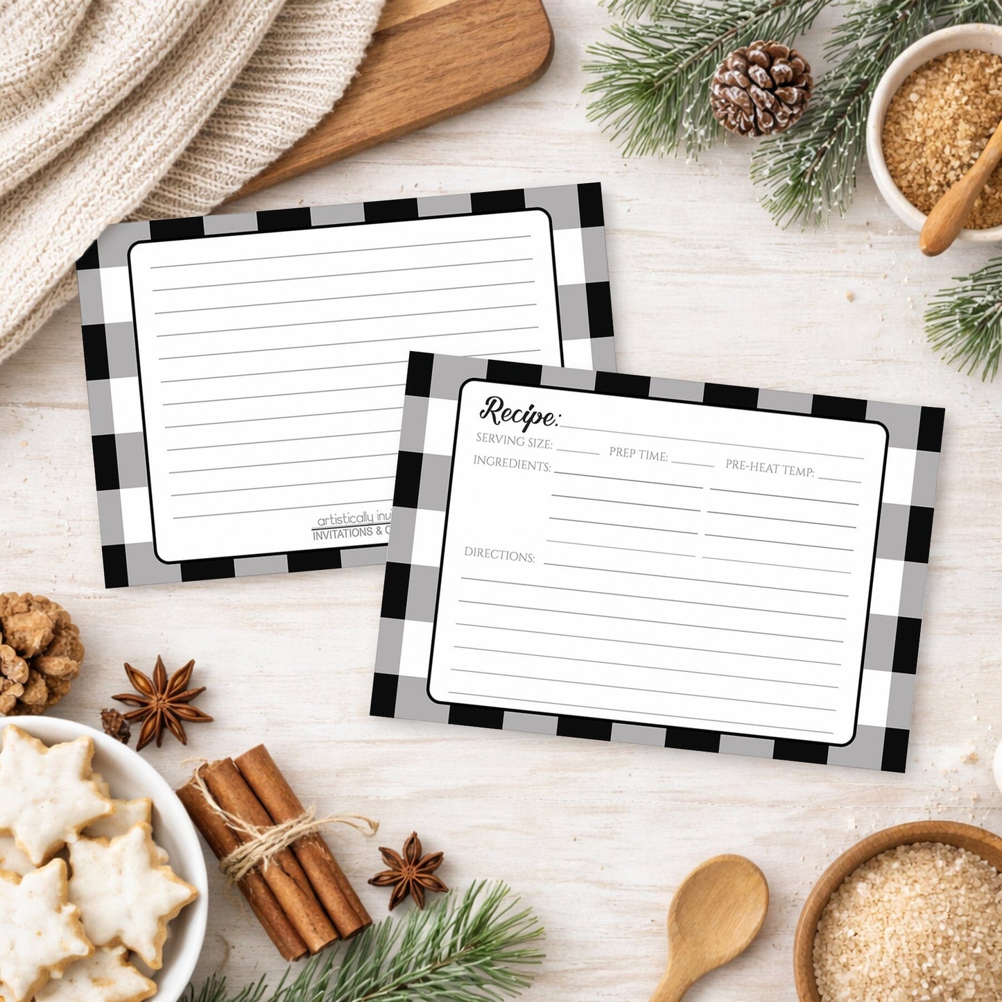 Front and back of the Black and White Buffalo Plaid Recipe Cards shown with winter Christmas holiday kitchen supplies