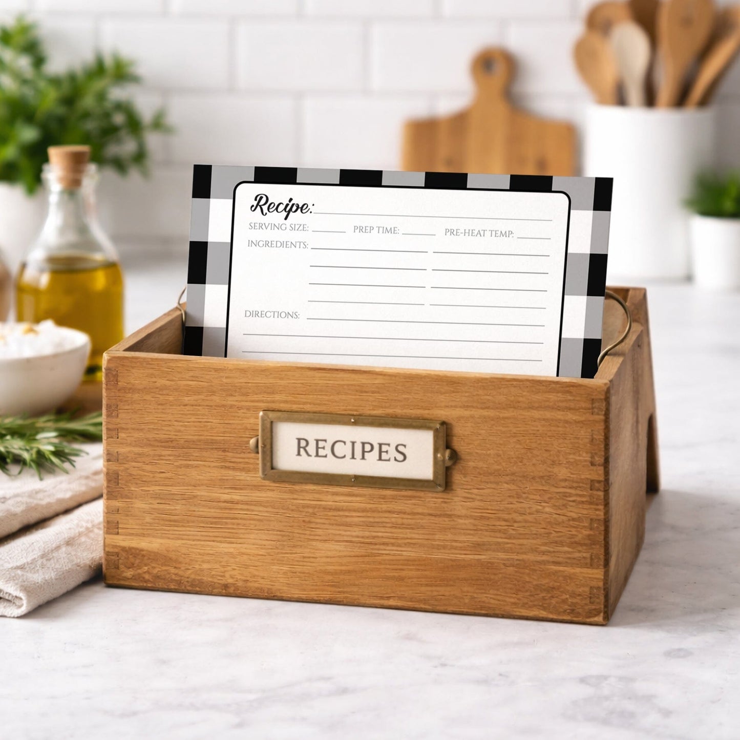 Black and White Buffalo Plaid Recipe Card shown in a recipe card box