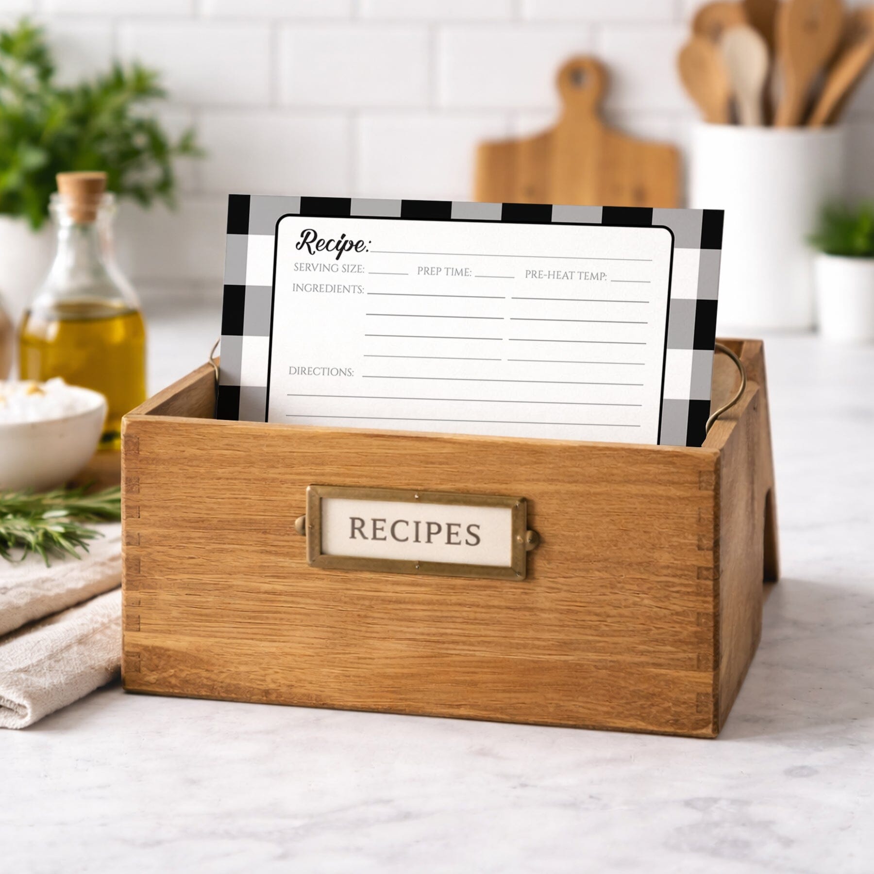 Black and White Buffalo Plaid Recipe Card shown in a recipe card box