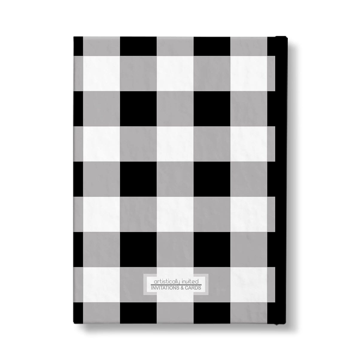 Personalized Black and White Buffalo Plaid Journal at Artistically Invited. Back side of journal.