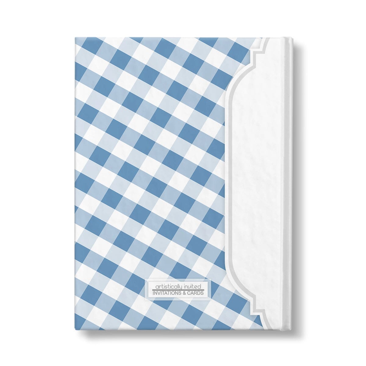 Personalized Blue Gingham Journal at Artistically Invited. Back side of the book.