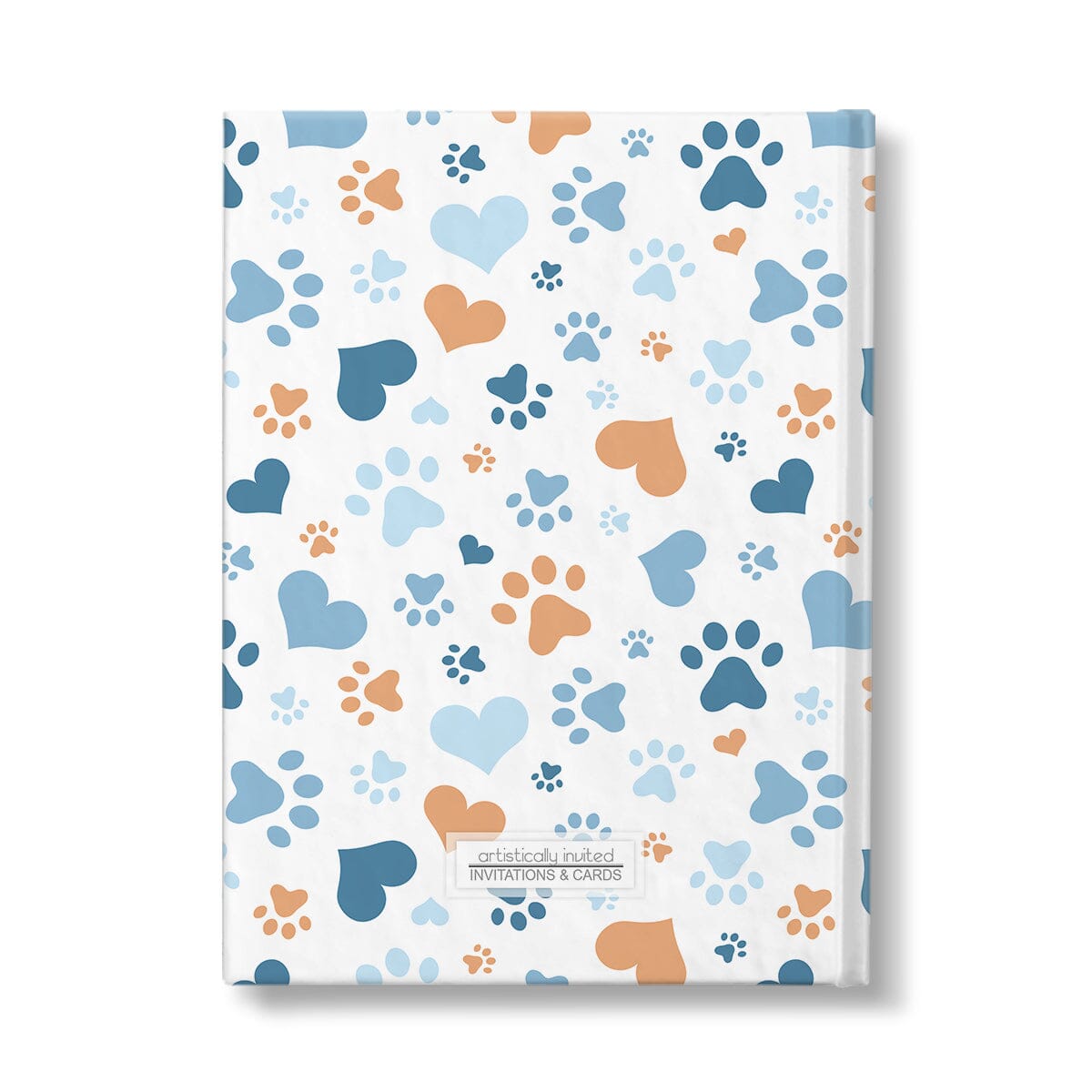 Personalized Blue Hearts and Paw Prints Journal at Artistically Invited. Back side of the book.