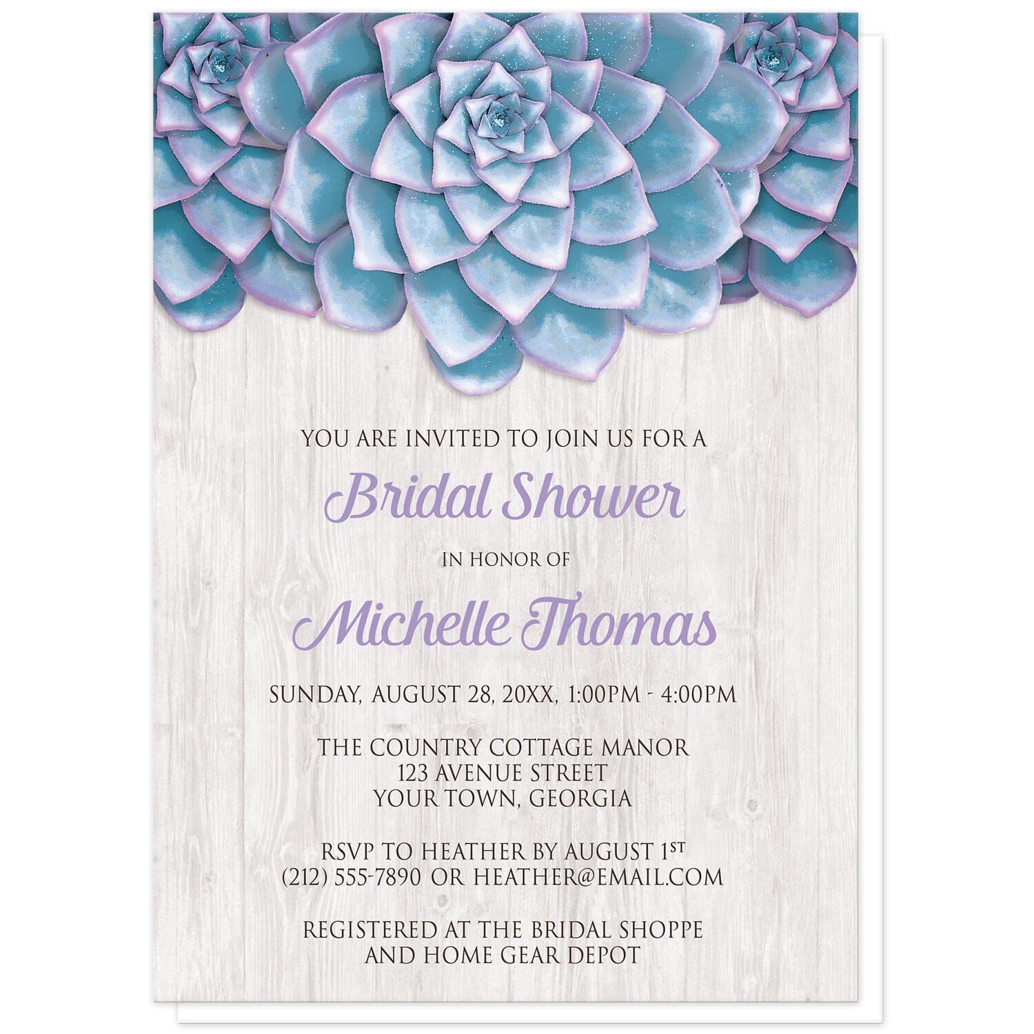 Blue Purple Succulent Whitewashed Wood Bridal Shower Invitations at Artistically Invited. Uniquely illustrated blue purple succulent whitewashed wood bridal shower invitations with three large and lovely blue succulents with purple tips along the top of the invitations. Your personalized bridal shower celebration details are custom printed in purple and dark gray over a light whitewashed wood background illustration below the blue succulents. 