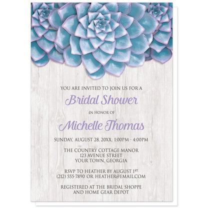Blue Purple Succulent Whitewashed Wood Bridal Shower Invitations at Artistically Invited. Uniquely illustrated blue purple succulent whitewashed wood bridal shower invitations with three large and lovely blue succulents with purple tips along the top of the invitations. Your personalized bridal shower celebration details are custom printed in purple and dark gray over a light whitewashed wood background illustration below the blue succulents. 