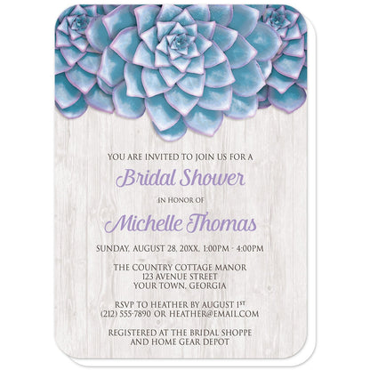 Blue Purple Succulent Whitewashed Wood Bridal Shower Invitations (with rounded corners) at Artistically Invited. Uniquely illustrated blue purple succulent whitewashed wood bridal shower invitations with three large and lovely blue succulents with purple tips along the top of the invitations. Your personalized bridal shower celebration details are custom printed in purple and dark gray over a light whitewashed wood background illustration below the blue succulents. 